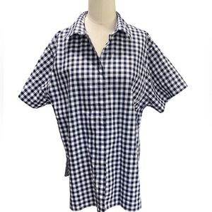Lands End Womens Navy White Gingham Button front Shirt Wrinkle free 18 Petite